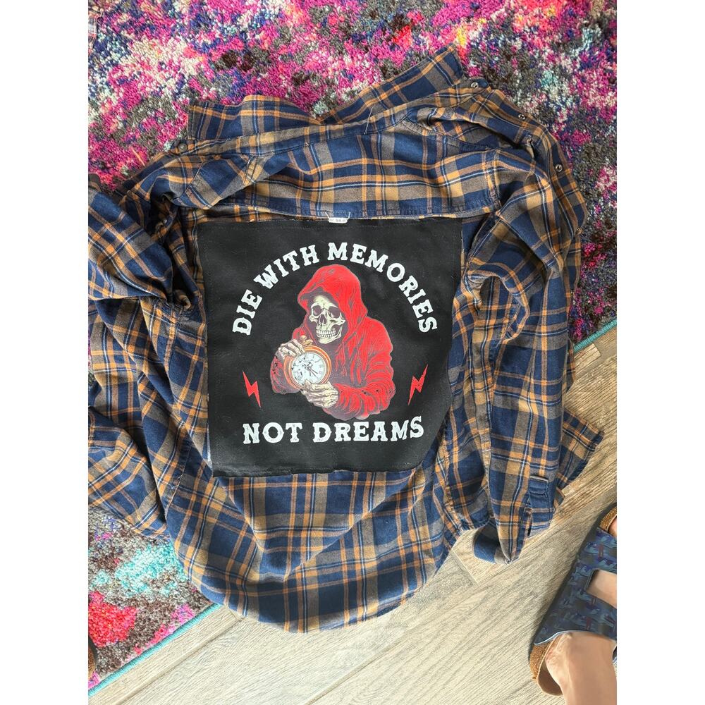 Die with memories upcycled custom flannel shirt black graphic tee on back